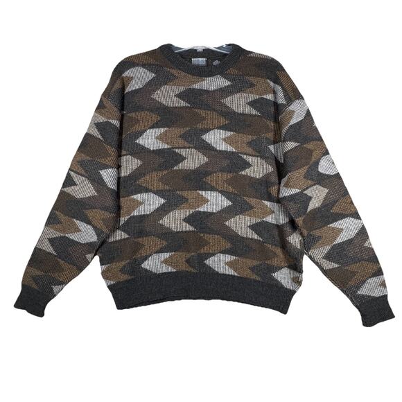 Knightsbridge Sweater Mens XL‎ Pullover Gray Brown Geometric Vintage Cabincore - Picture 1 of 8
